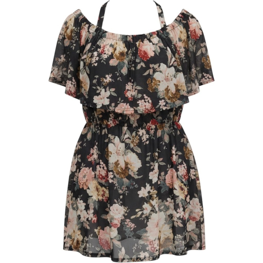 Ivy Rose Blouse Womens 3X Floral Cold Shoulder Black Ruffle Boho Summer